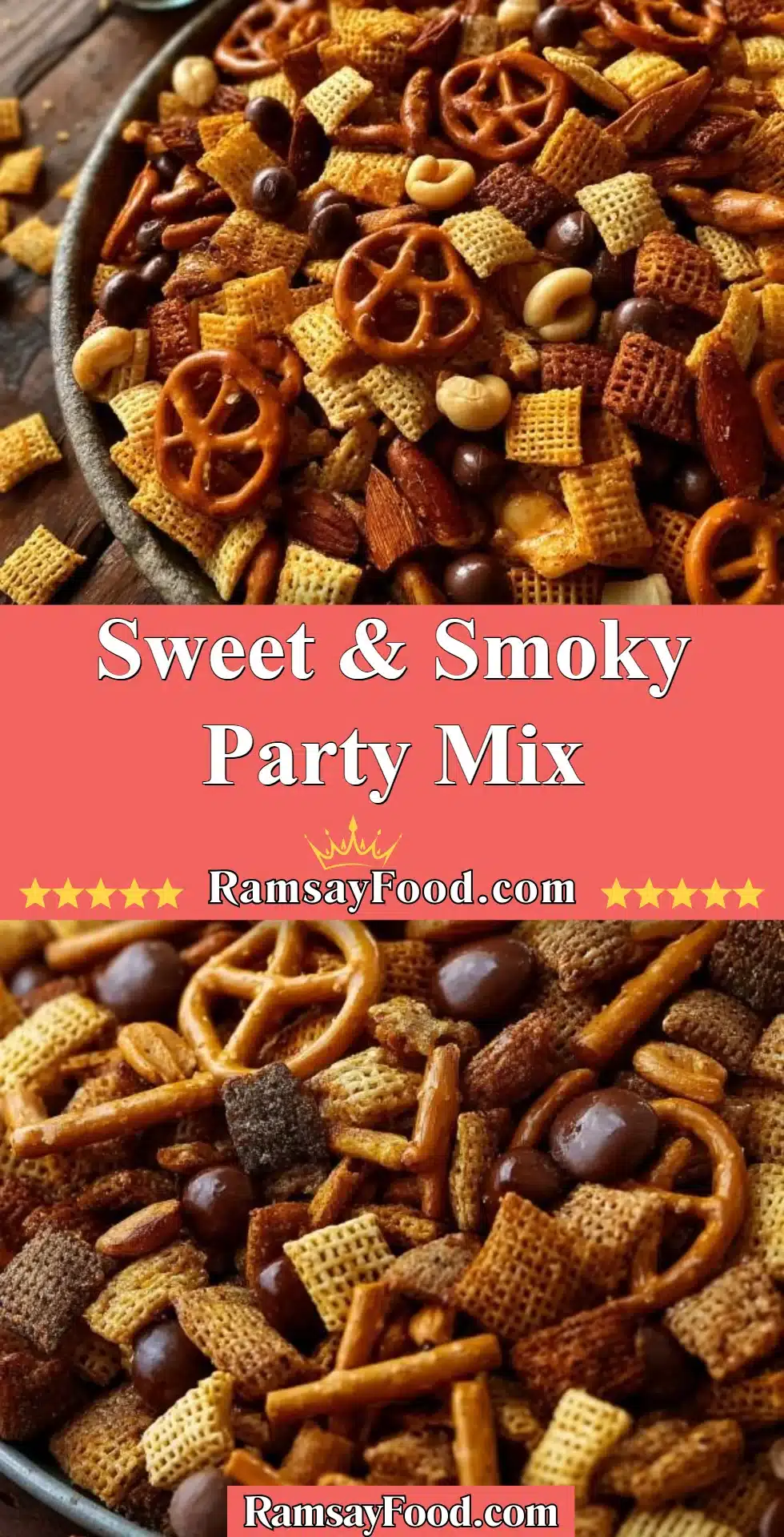 Sweet & Smoky Party Mix 2 Sweet and smoky party mix in a bowl, perfect for gatherings.