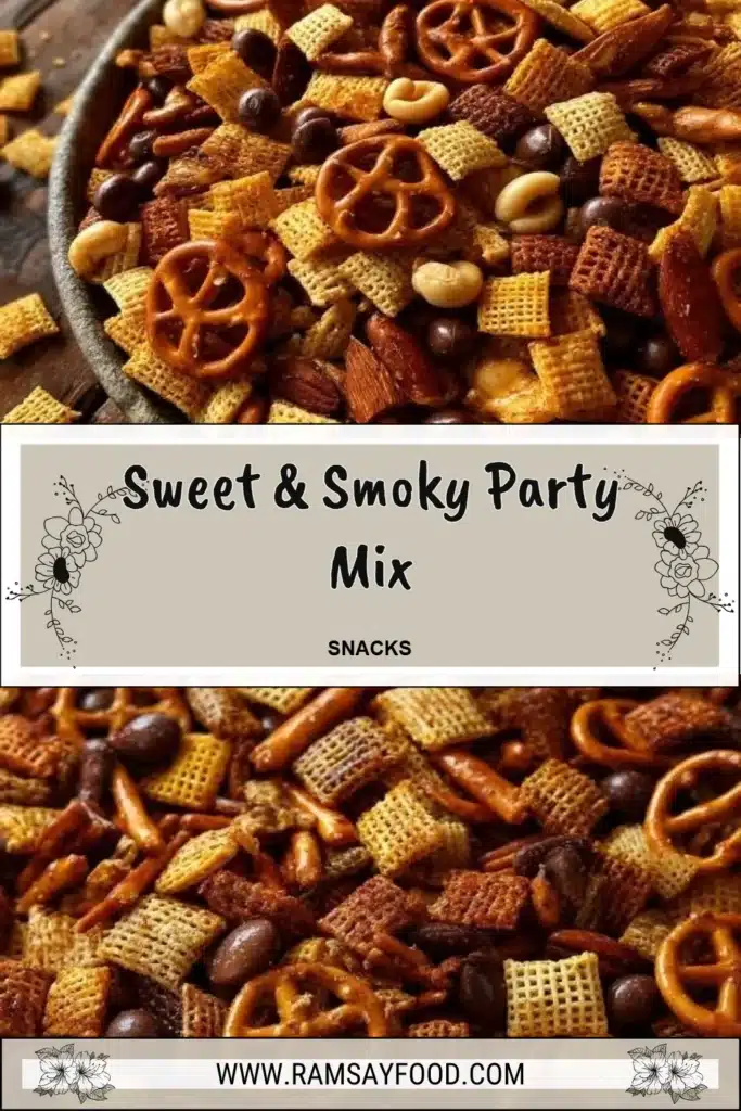 A delicious bowl of Sweet & Smoky Party Mix, perfect for gatherings.