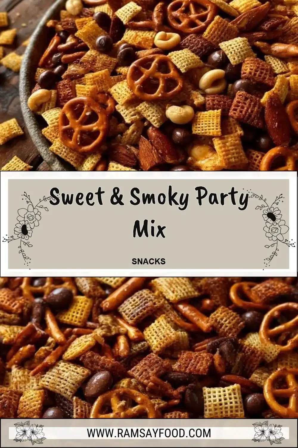 A delicious bowl of Sweet & Smoky Party Mix, perfect for gatherings.