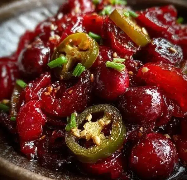 Sweet & Spicy Cranberry Jalapeño Cowboy Candy in a jar