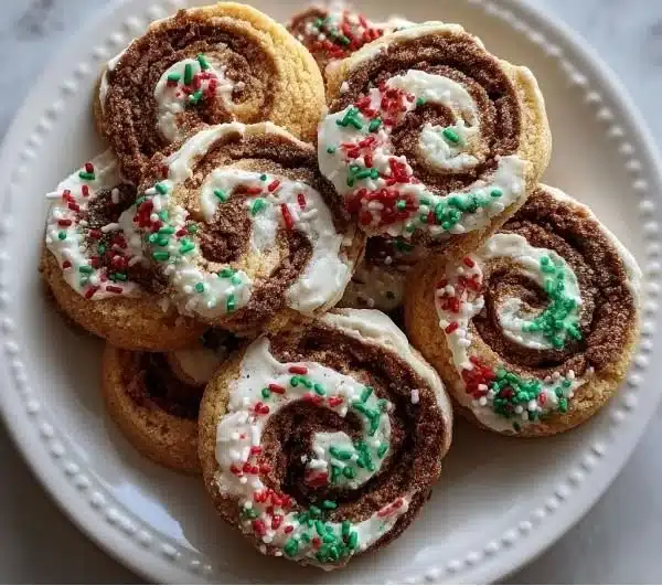 Colorful swirled Christmas cookies decorated for holiday celebrations