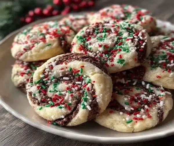 Colorful swirled Christmas cookies on a festive platter