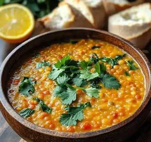 Bowl of creamy Thai Coconut Red Lentil Soup garnished with fresh herbs