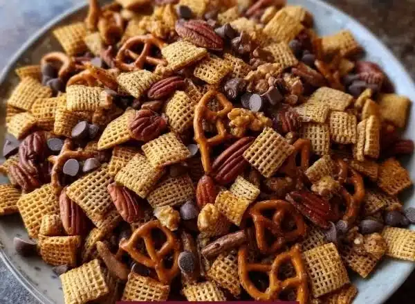 A bowl of homemade Toffee Chex Mix with a variety of crunchy ingredients.