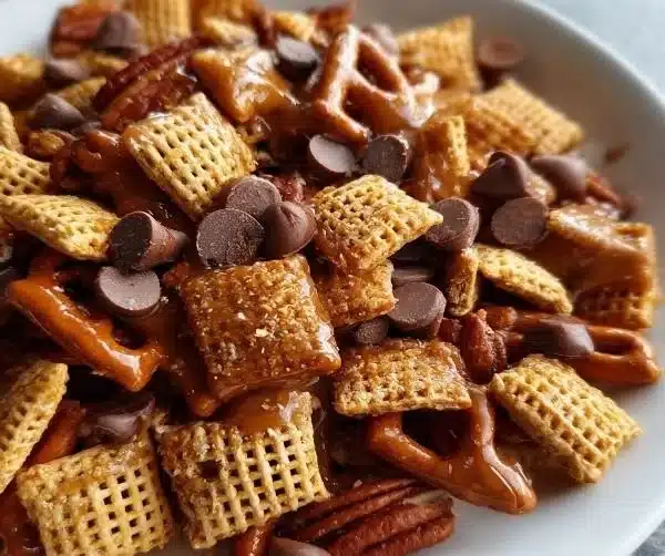 Delicious homemade Toffee Chex Mix with nuts and chocolate