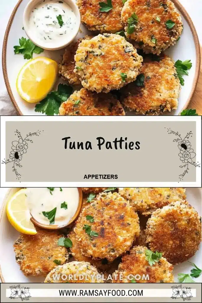 Golden-brown tuna patties served on a plate with garnishes.