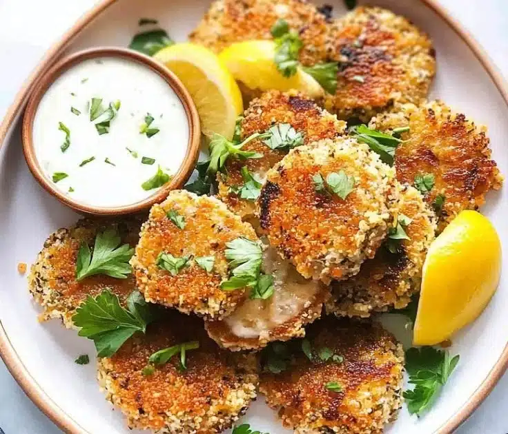 Tuna Patties 7 Golden-brown tuna patties served on a plate with a side of fresh salad.