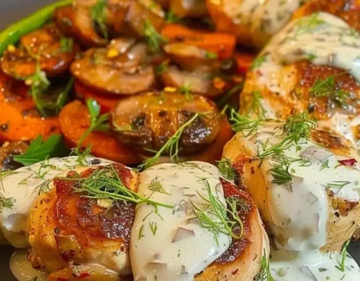 Tuscan Garlic Chicken and Mushroom Roulade on a serving platter, garnished with herbs.