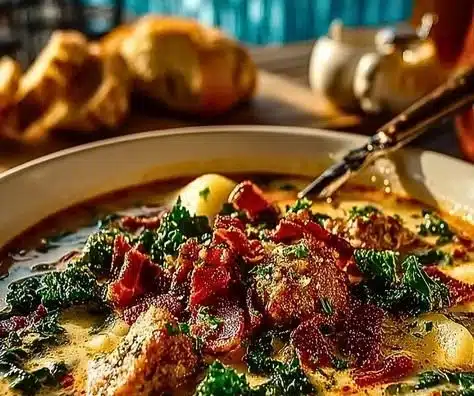 Bowl of hearty Tuscan Soup with vegetables and herbs