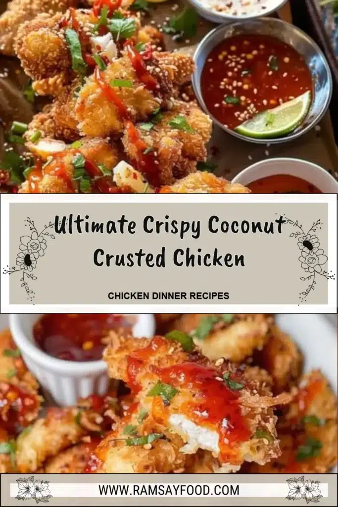 Crispy coconut chicken with a golden crust served on a plate.
