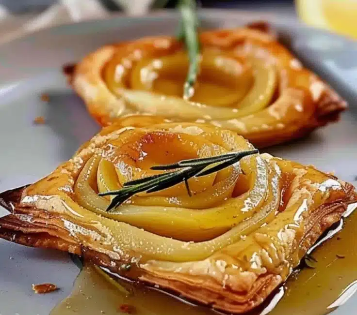 Upside-down puff pastry tarts topped with fresh fruit and caramel glaze
