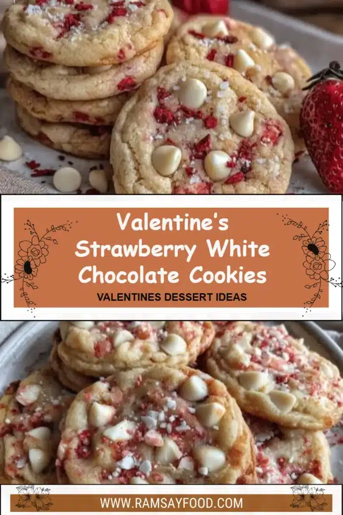 Valentine's strawberry white chocolate cookies on a decorative plate