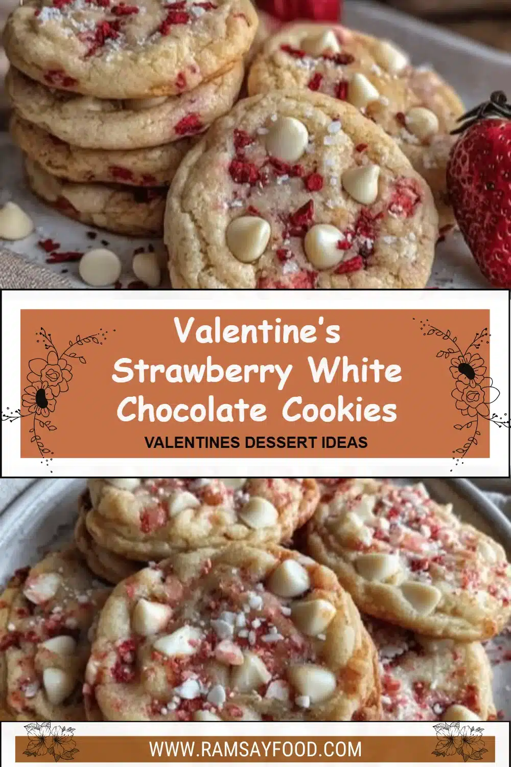Valentine’s Strawberry White Chocolate Cookies 2 Valentine's strawberry white chocolate cookies on a decorative plate