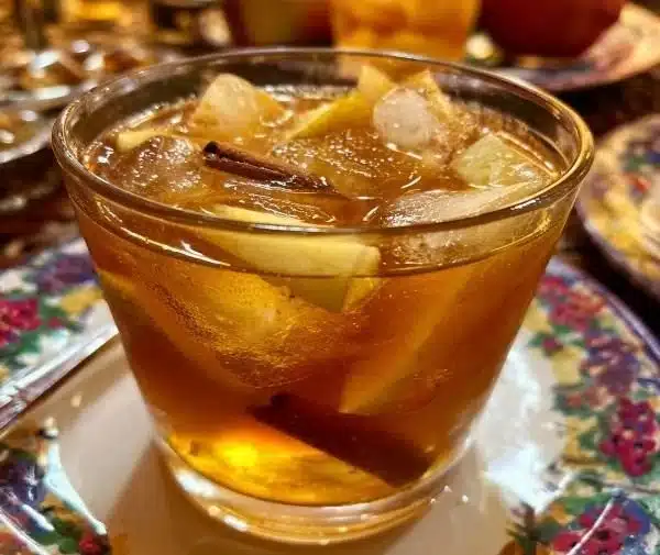 Delicious Vanilla Bourbon Cider Cocktail in a glass with apple slices.