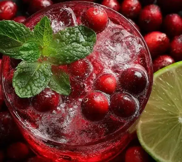 A refreshing Vanilla Cranberry Crush mocktail served in a glass with garnishes.