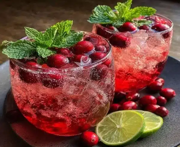 Vanilla Cranberry Crush Mocktail served in a glass with fresh cranberries and vanilla beans