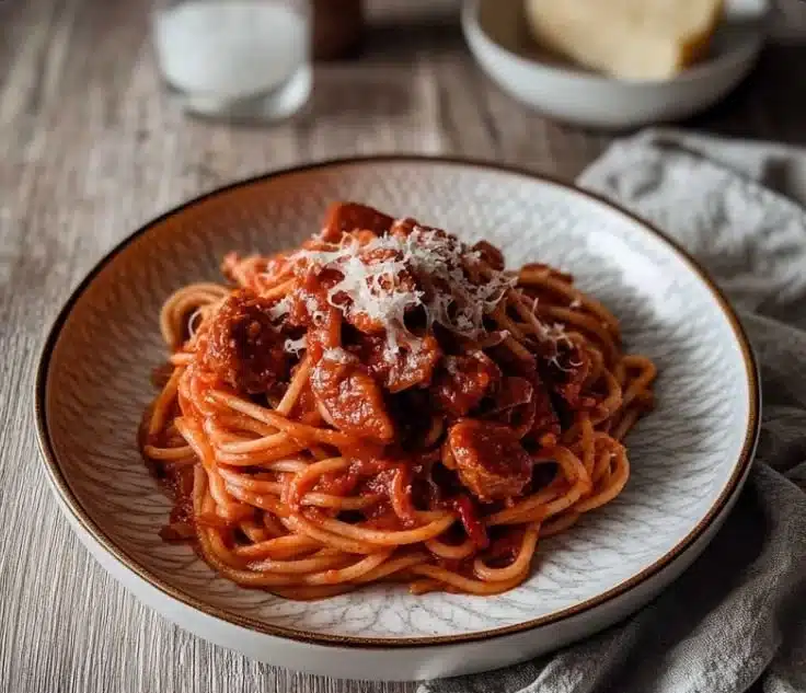 Vegan Filipino Spaghetti served with fresh vegetables and herbs