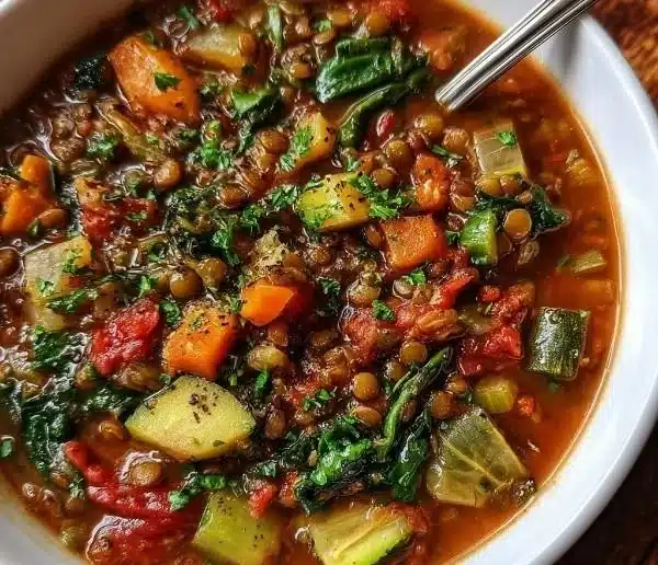Bowl of Vegan Mediterranean Lentil Vegetable Soup topped with fresh herbs