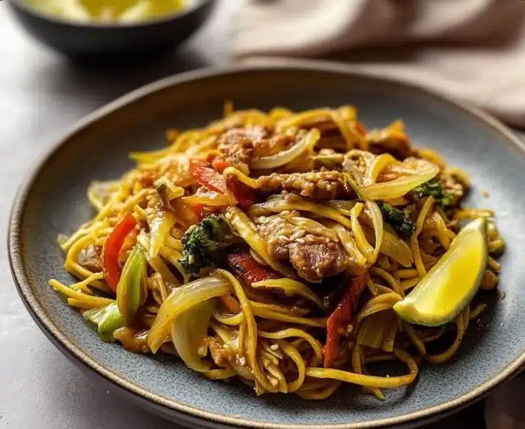 Vegan Pancit Canton stir-fry noodles with colorful vegetables