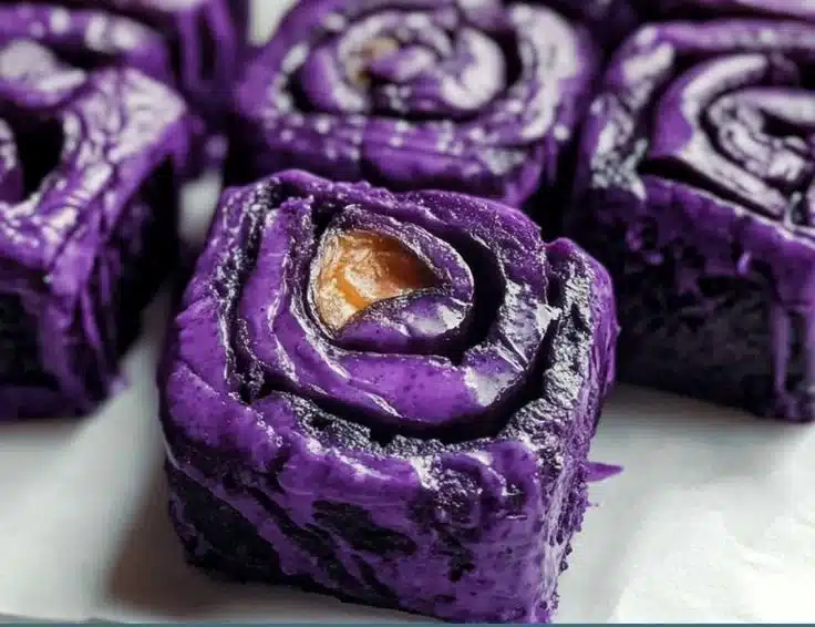 Delicious Vegan Ube Rolls with vibrant purple hue and fluffy texture