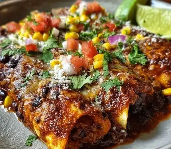 Vegetarian Black Bean Enchiladas 8 Delicious vegetarian black bean enchiladas topped with cheese and fresh herbs.