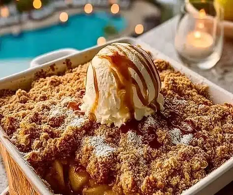 Delicious warm Grandma's apple crisp served with vanilla ice cream