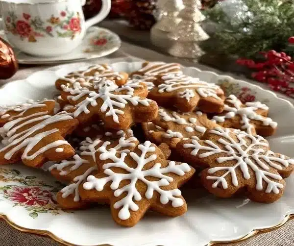 Delicious warm spiced gingerbread cookies decorated with sweet icing.