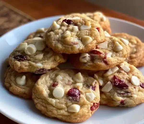Delicious white chocolate cranberry cookies on a plate