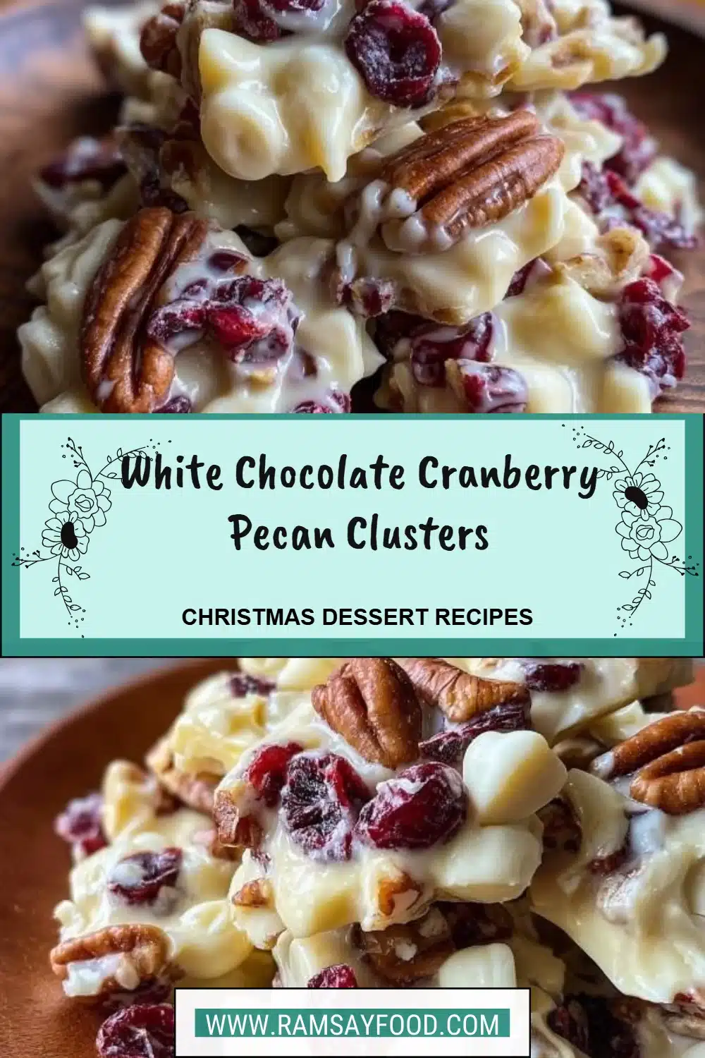 White chocolate cranberry pecan clusters on a wooden table