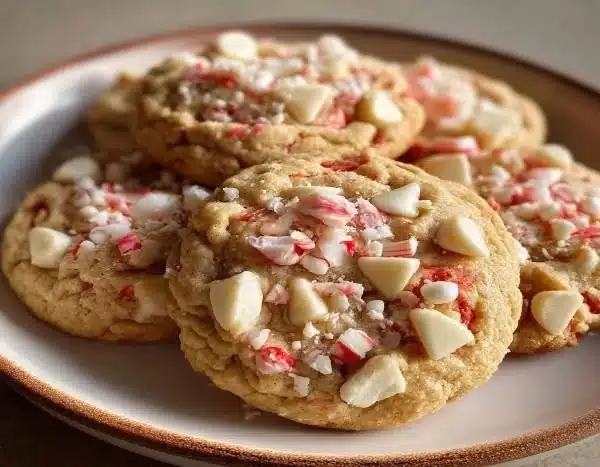 Delicious white chocolate peppermint cookies on a festive plate