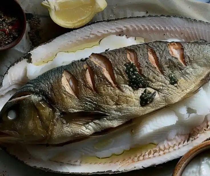 Whole Barramundi in Salt Crust 4 Whole barramundi cooked in a salt crust, showcasing its tender texture and flavor.