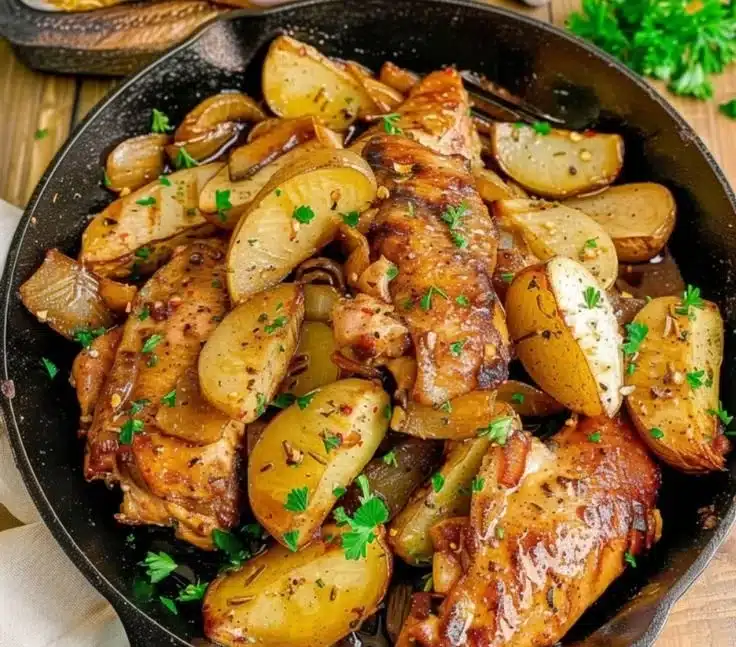 Delicious Garlic Butter Chicken Skillet prepared with winter veggies and herbs