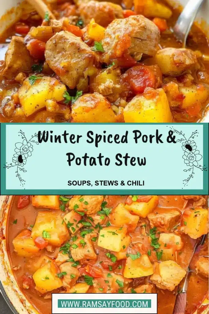 Bowl of winter spiced pork and potato stew, perfect for cold days.