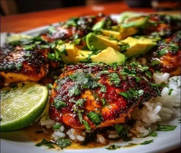 Zesty cilantro lime chicken served with avocado and jasmine rice on a plate.