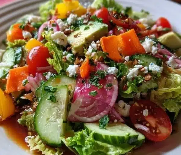 Bowl of Zesty Crunchy Divorce Salad with fresh vegetables and dressing
