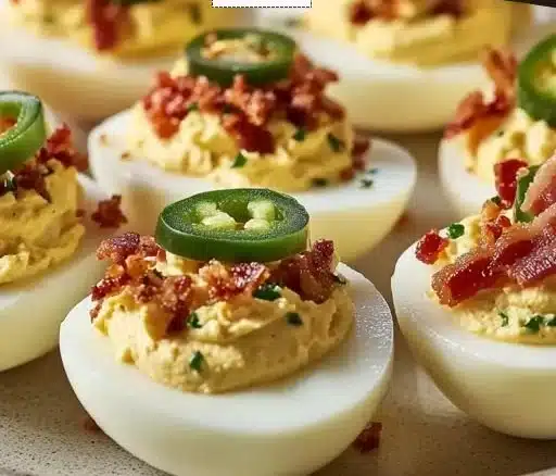 Zesty Jalapeño-Cheddar Christmas Deviled Eggs for Festive Joy 2 Zesty Jalapeño-Cheddar Deviled Eggs served on a festive platter.