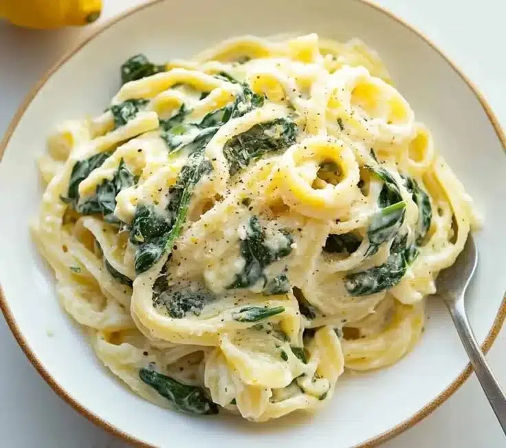 Zesty lemon ricotta pasta with spinach garnished and served in a bowl