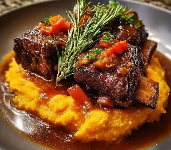Apple cider braised short ribs served with rosemary mashed sweet potatoes