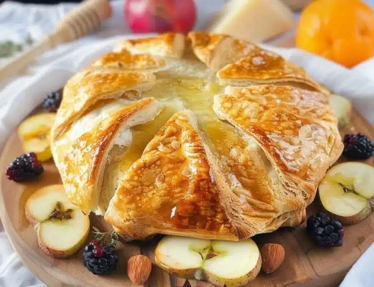 Delicious Baked Brie in crust topped with honey and thyme for a gourmet appetizer.