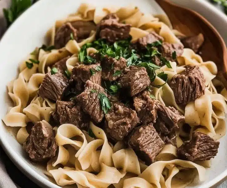 Delicious bowl of beef noodles garnished with vegetables and herbs