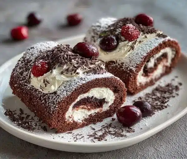 A sliced Black Forest Cake Roll with cherries and whipped cream topping.