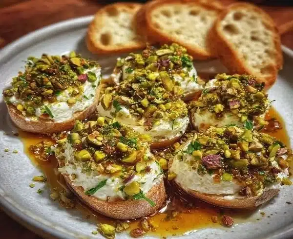 Boursin appetizer topped with pistachios and hot honey served on a platter