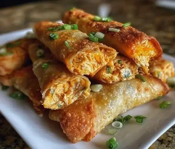 Buffalo Chicken Dip Egg Rolls served on a platter with dipping sauce.