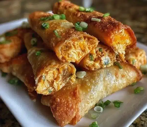 Buffalo Chicken Dip Egg Rolls ready for serving on a platter