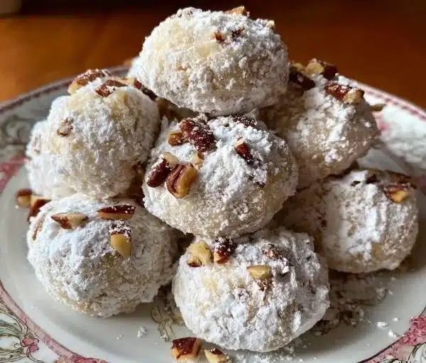 Buttery pecan snowballs cookies dusted with powdered sugar