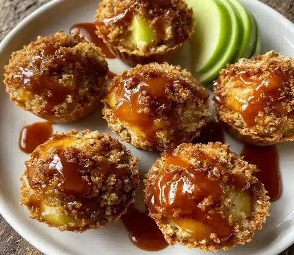 Delicious caramel apple crisp bites topped with caramel sauce and served in a bowl