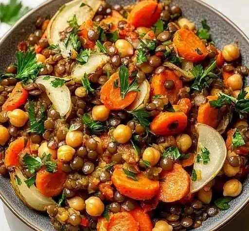 A vibrant chickpea lentil salad with carrots, a delicious warm vegan dish.