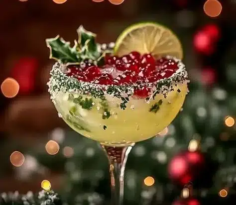 Christmas-themed Mistletoe Margarita cocktail with festive garnishes
