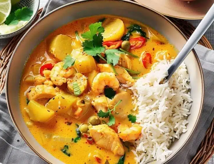 Coconut Ginger Fish Curry served with steamed rice on a plate.
