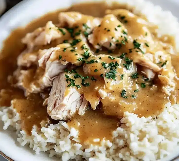 A delicious bowl of Crockpot Chicken and Gravy served with mashed potatoes.